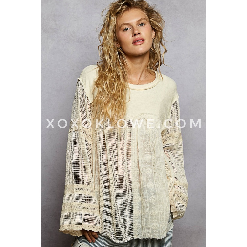 POL Cream Patchwork Lace Long Sleeve Boho Top | Semi Sheer Lightweight Blouse